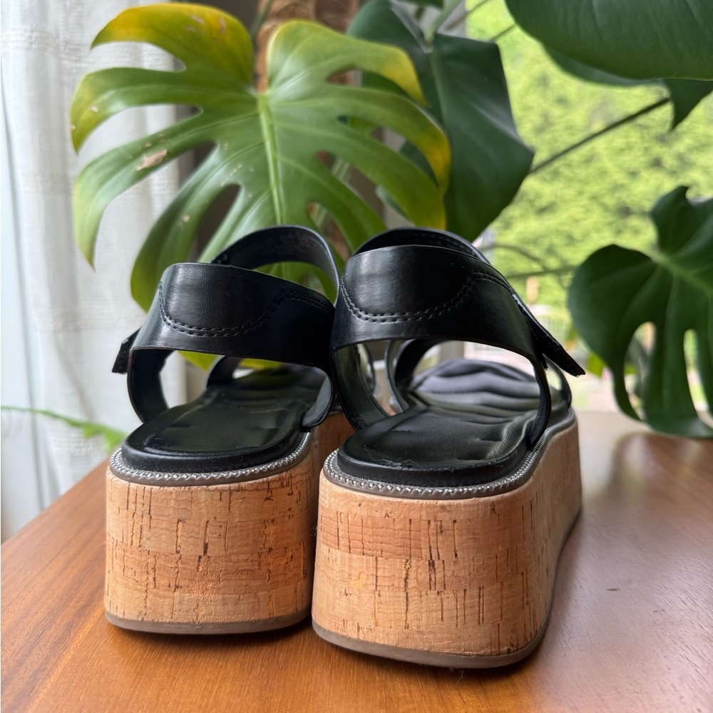 Franco Sarto Black Leather Cork Platform Sandals - Picture 6 of 11